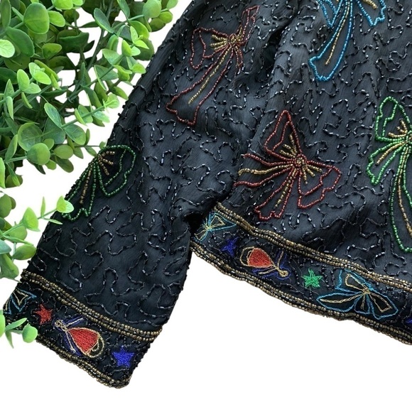 Vtg Stenay Silk Beaded Embroidered Bows Bells Cropped Formal Jacket Black Size M - Picture 4 of 8